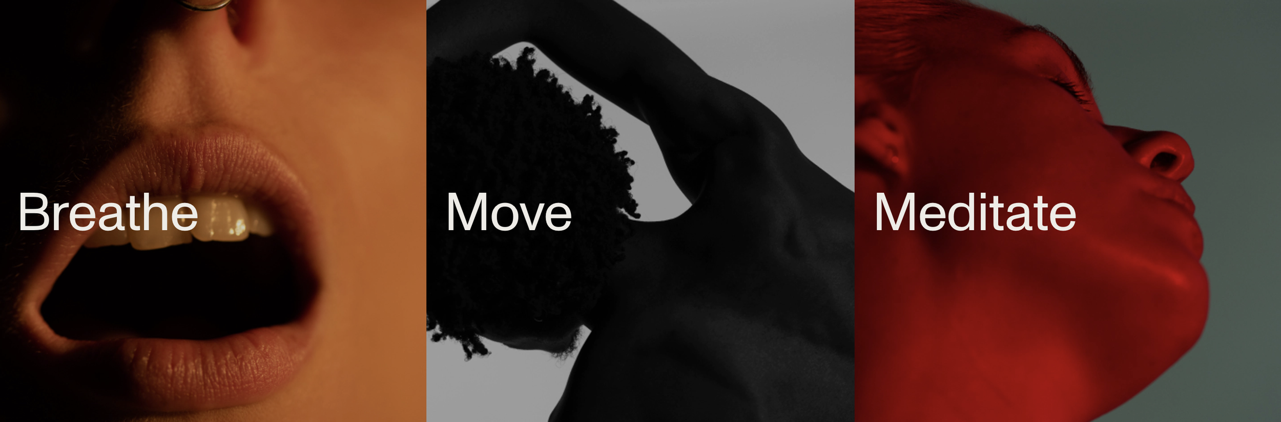 A triptych of images illustrating breathing, movement, and meditation with overlaid text.